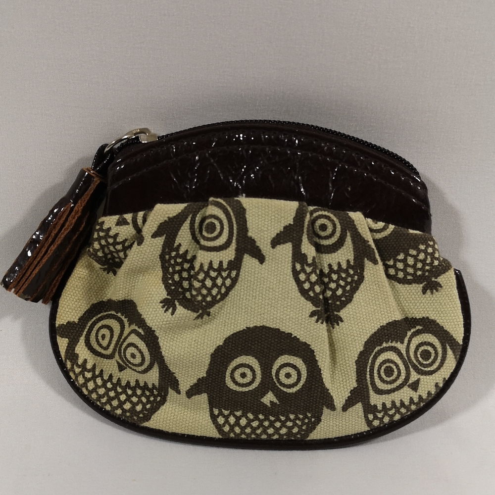 Owl Change Purse by Spring, Brown and Tan with Faux Leather Details & Tassel NEW